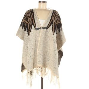 Vertigo size M/L tan & brown BOHO fringed v-neck knit cape poncho w Eagle